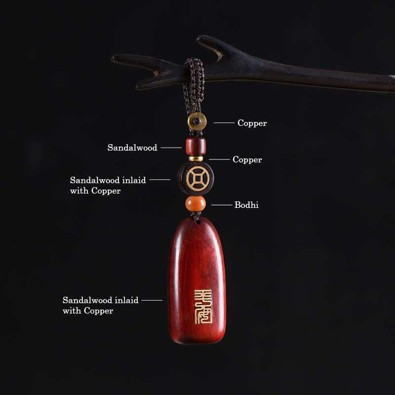 Buddha Stones Small Leaf Red Sandalwood Ebony Wood Peace Auspicious Copper Coin Protection Key Chain - image 10
