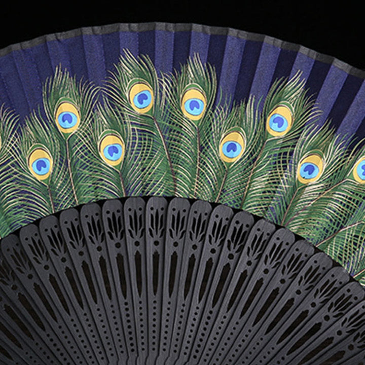 Buddha Stones Peacock Feather Handheld Bamboo Folding Fan 21.5cm - image 5