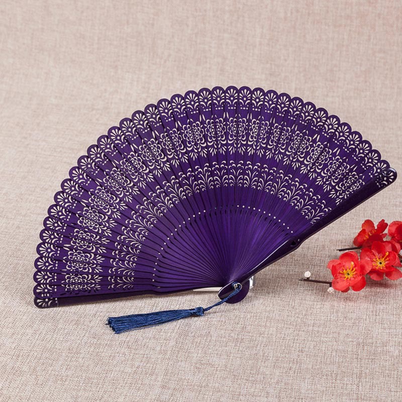 Buddha Stones Flower Engraved Hollow Handheld Bamboo Folding Fan 18cm - image 0