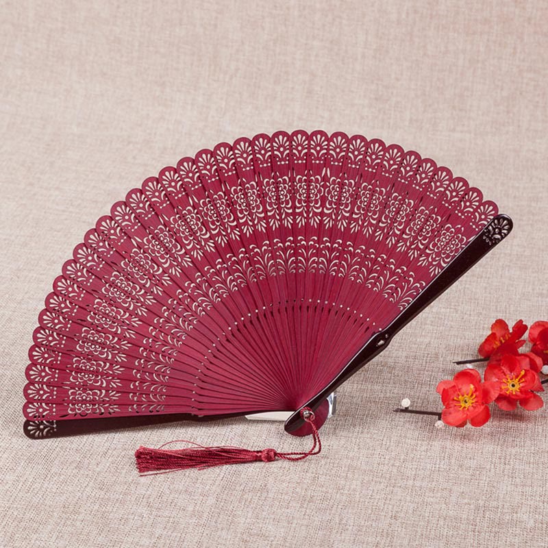Buddha Stones Flower Engraved Hollow Handheld Bamboo Folding Fan 18cm - image 3