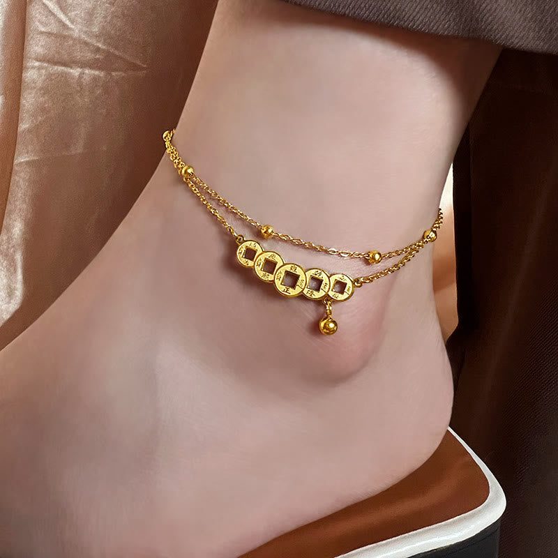 Buddha Stones Copper Coins Attract Wealth Titanium Steel Anklet - Anklet(Circumference 21-26cm) - image 0