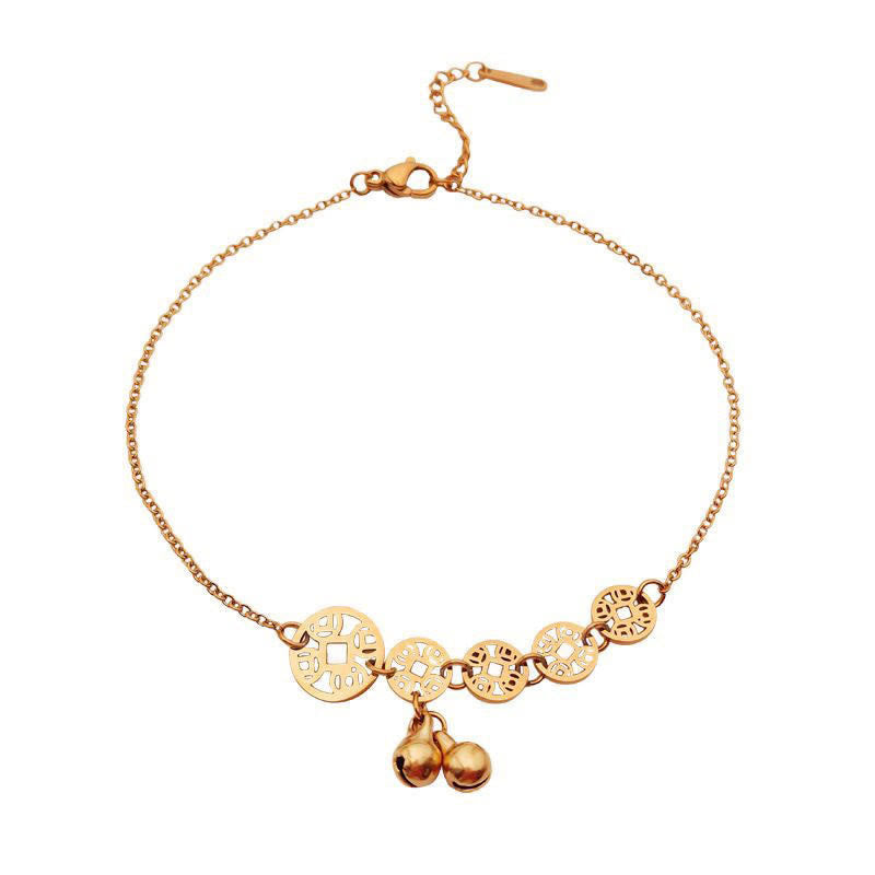Buddha Stones Copper Coins Bell Charm Titanium Steel Strengthen Anklet - Rose Gold Anklet(Circumference 21-26cm) - image 7