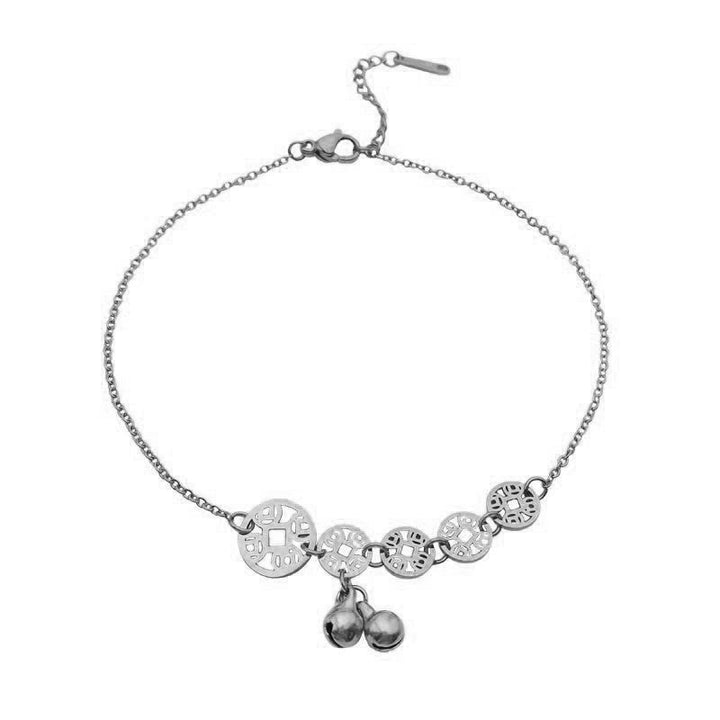 Buddha Stones Copper Coins Bell Charm Titanium Steel Strengthen Anklet - Silver Anklet(Circumference 21-26cm) - image 11