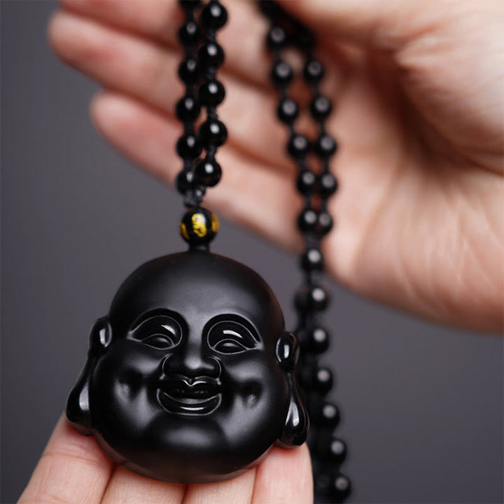 Buddha Stones Natural Black Obsidian Laughing Buddha Purification Necklace Pendant - image 2