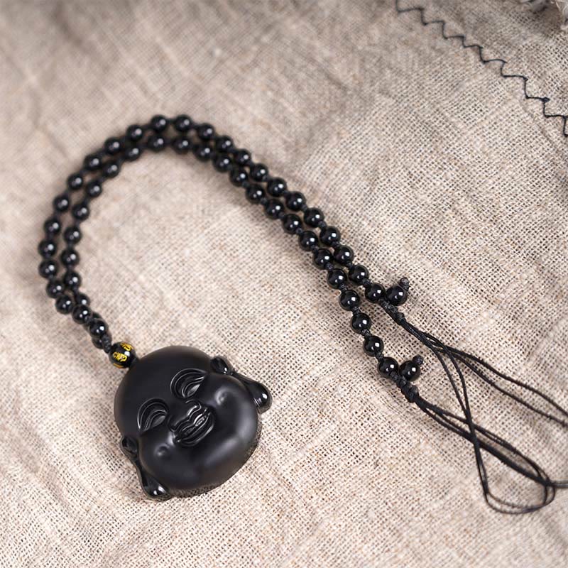 Buddha Stones Natural Black Obsidian Laughing Buddha Purification Necklace Pendant - image 5