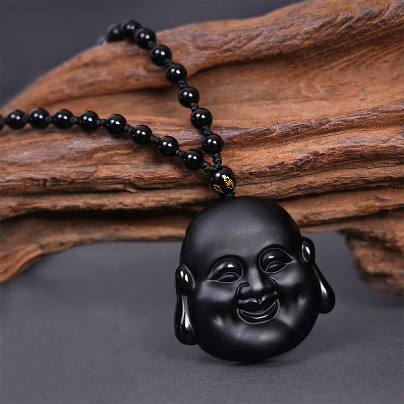Buddha Stones Natural Black Obsidian Laughing Buddha Purification Necklace Pendant - Laughing Buddha Pendant+Bead Chain - image 0