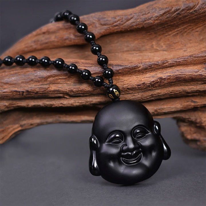 Buddha Stones Natural Black Obsidian Laughing Buddha Purification Necklace Pendant - Laughing Buddha Pendant+Bead Chain - image 0