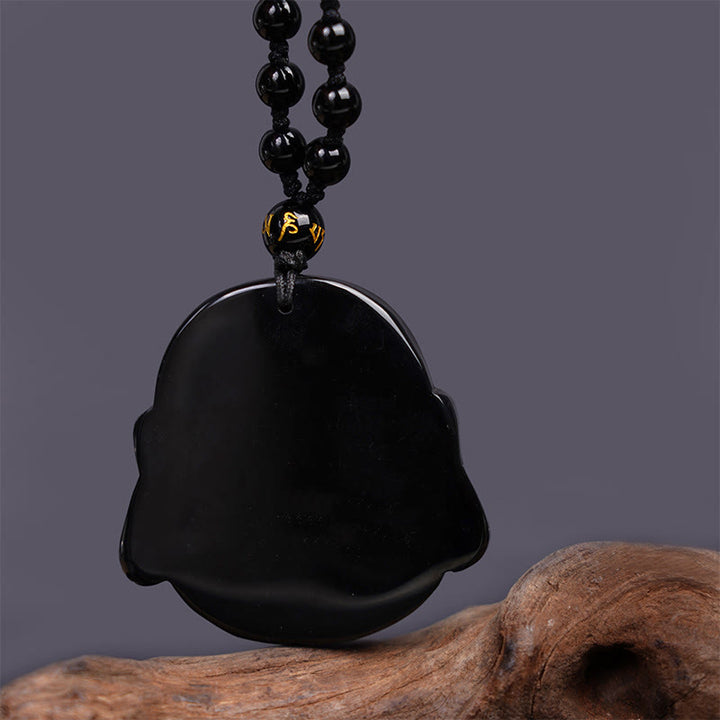 Buddha Stones Natural Black Obsidian Laughing Buddha Purification Necklace Pendant - image 4