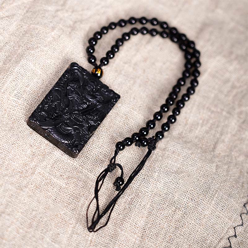 Buddha Stones Black Obsidian Guan Gong Amulet Engraved Strength Necklace Pendant - image 5