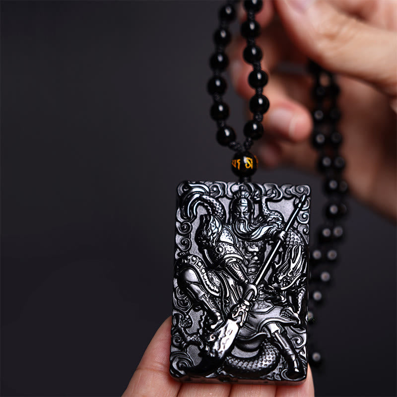 Buddha Stones Black Obsidian Guan Gong Amulet Engraved Strength Necklace Pendant - image 1