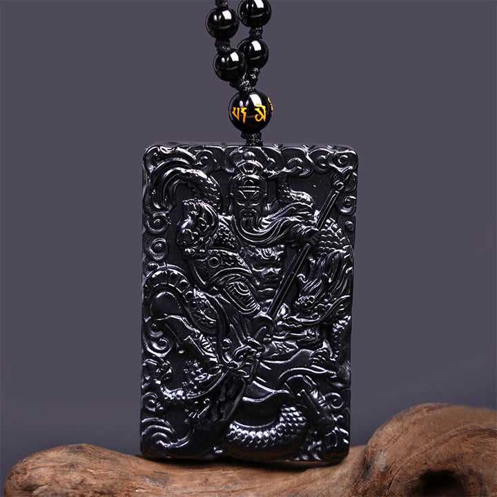 Buddha Stones Black Obsidian Guan Gong Amulet Engraved Strength Necklace Pendant - image 3