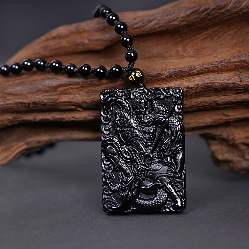 Buddha Stones Black Obsidian Guan Gong Amulet Engraved Strength Necklace Pendant - Guan Gong(Justice♥Wealth) - image 0