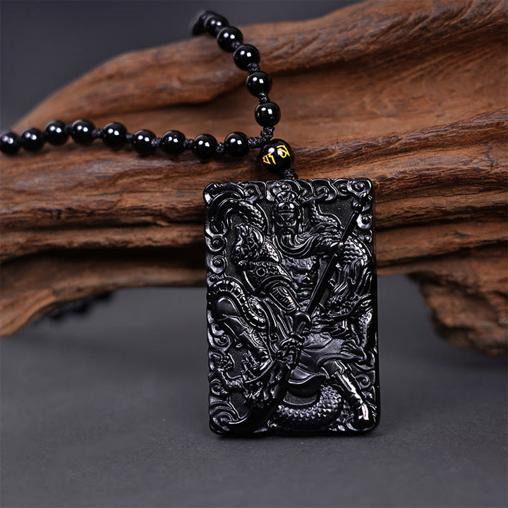 Buddha Stones Black Obsidian Guan Gong Amulet Engraved Strength Necklace Pendant - Guan Gong(Justice♥Wealth) - image 0