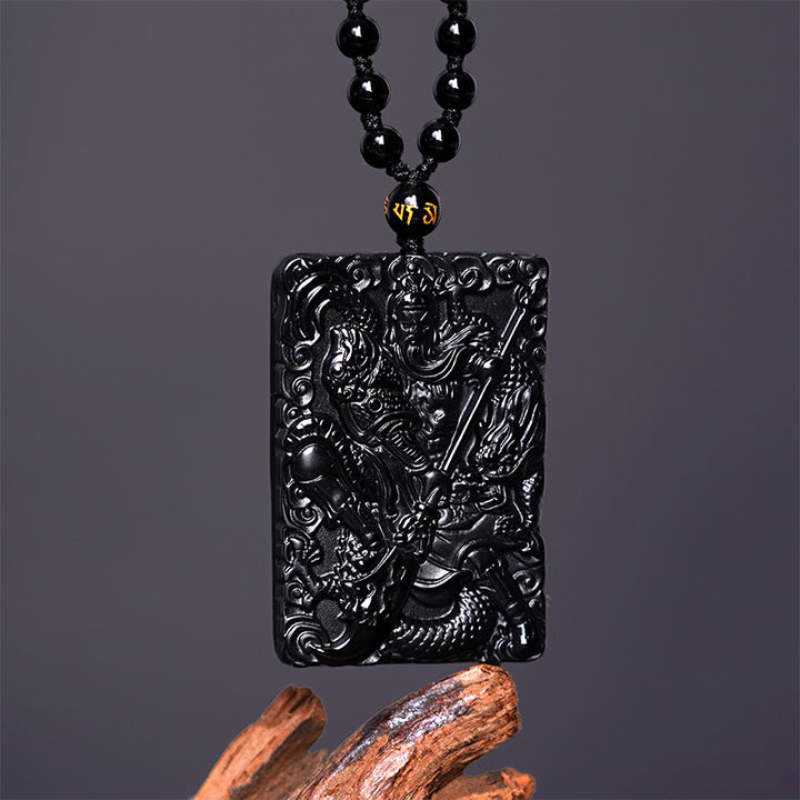 Buddha Stones Black Obsidian Guan Gong Amulet Engraved Strength Necklace Pendant - image 2