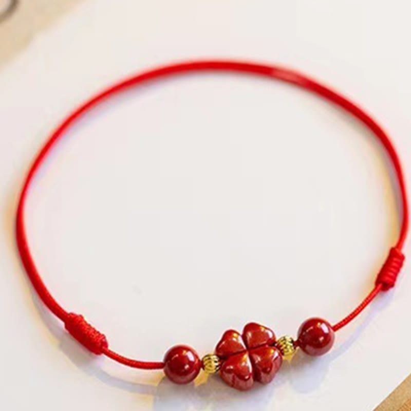 Buddha Stones Cinnabar Four Leaf Clover Blessing String Rope Anklet - image 2
