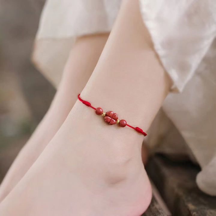 Buddha Stones Cinnabar Four Leaf Clover Blessing String Rope Anklet - Red Anklet(Circumference 30cm) - image 0