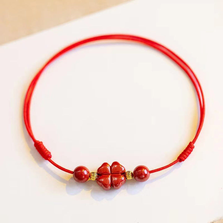 Buddha Stones Cinnabar Four Leaf Clover Blessing String Rope Anklet - image 1