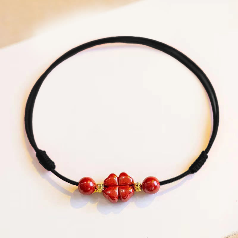 Buddha Stones Cinnabar Four Leaf Clover Blessing String Rope Anklet - Black Anklet(Circumference 30cm) - image 6