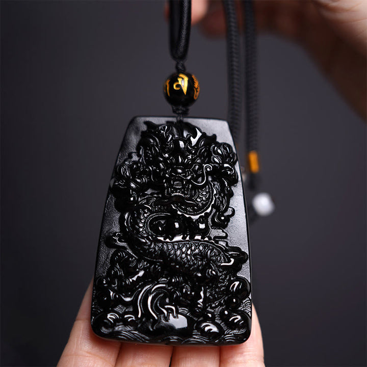 Buddha Stones Black Obsidian Dragon Carved Luck Protection Necklace Pendant - image 10