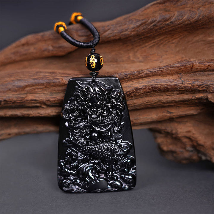 Buddha Stones Black Obsidian Dragon Carved Luck Protection Necklace Pendant - image 13