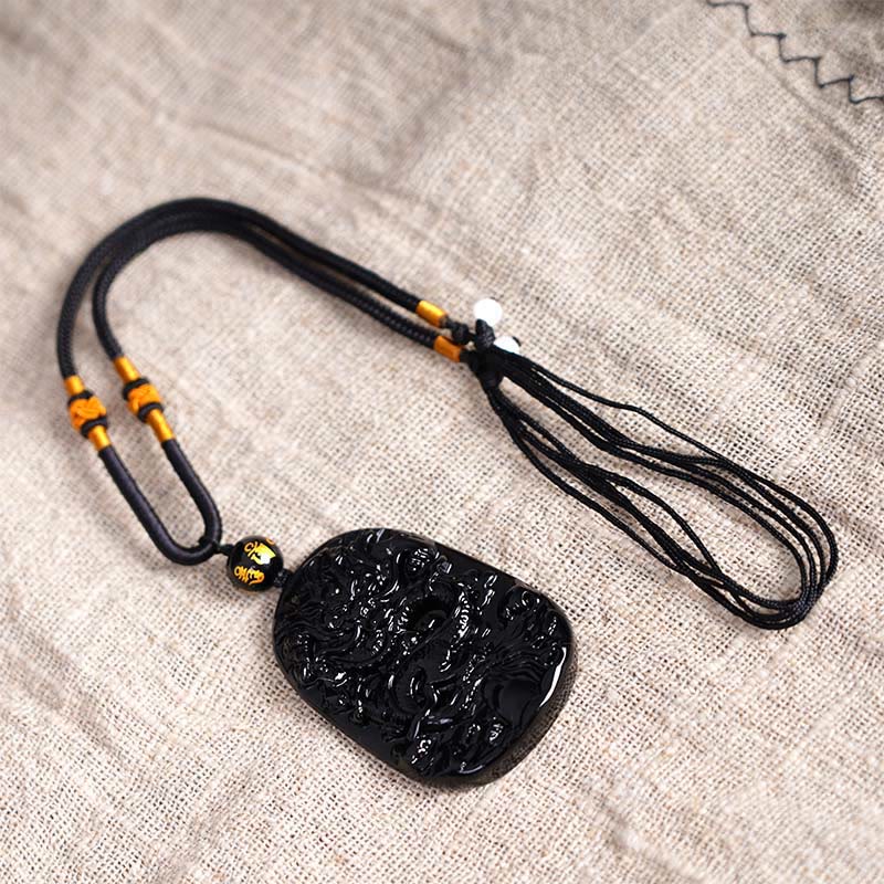 Buddha Stones Black Obsidian Dragon Carved Luck Protection Necklace Pendant - image 5