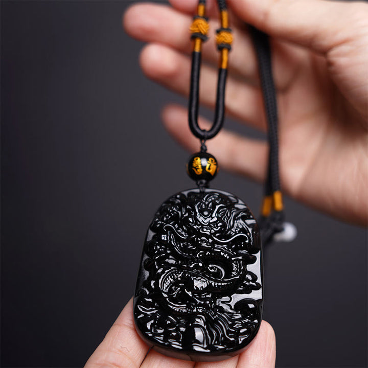 Buddha Stones Black Obsidian Dragon Carved Luck Protection Necklace Pendant - image 2