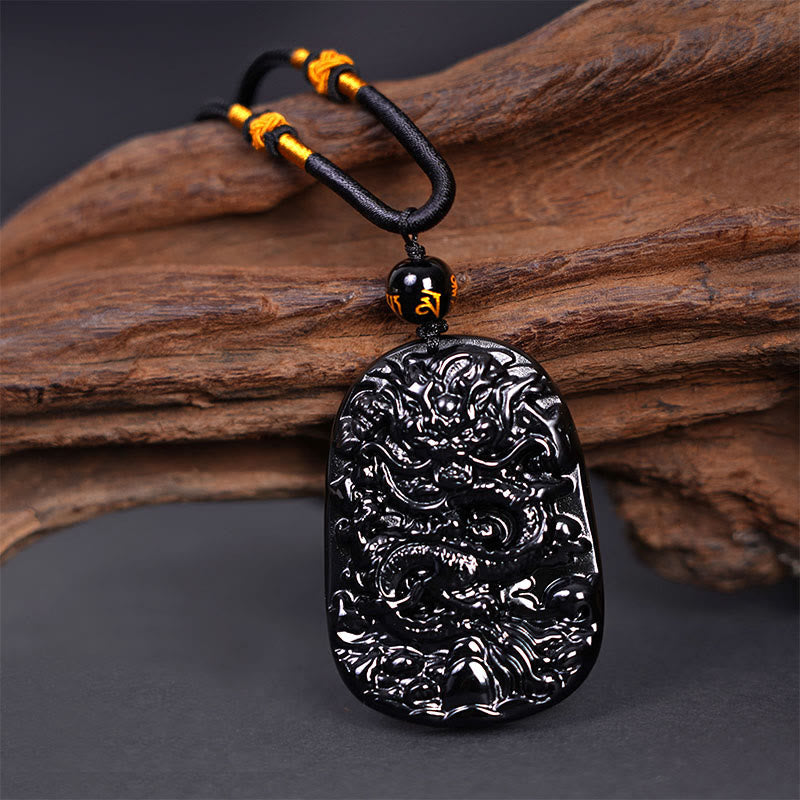 Buddha Stones Black Obsidian Dragon Carved Luck Protection Necklace Pendant - image 3