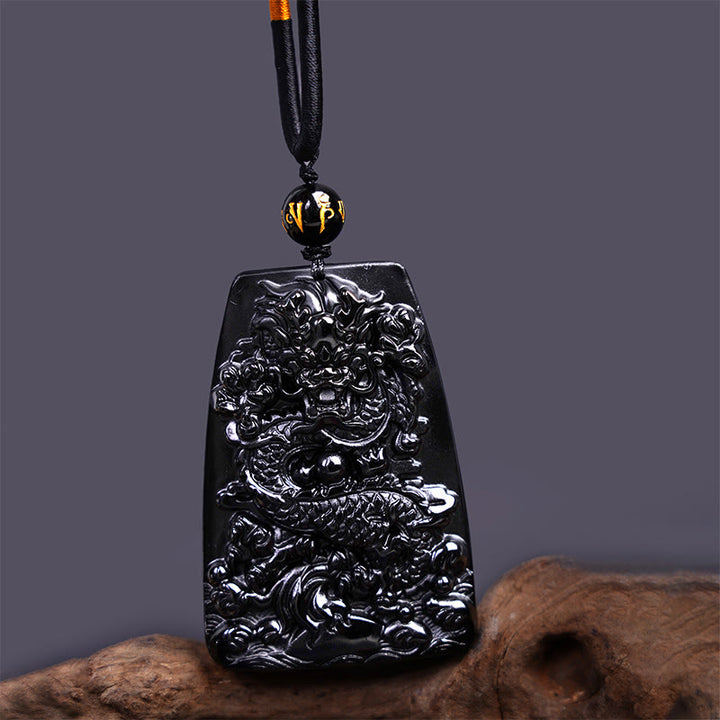 Buddha Stones Black Obsidian Dragon Carved Luck Protection Necklace Pendant - Trapezoidal Dragon 65mm*44mm - image 8