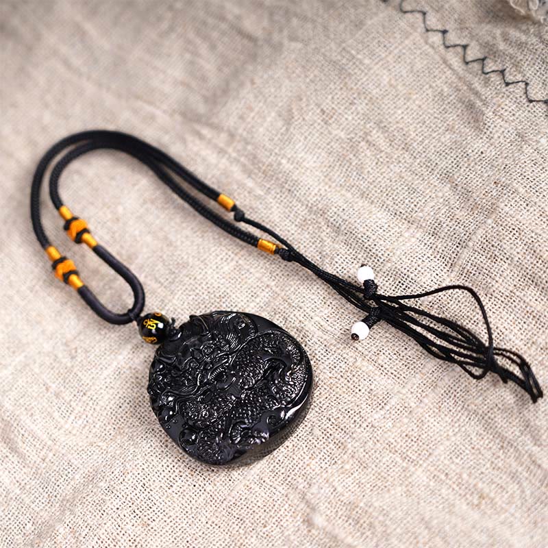 Buddha Stones Natural Black Obsidian Round Dragon Carved Protection Necklace Pendant - image 6