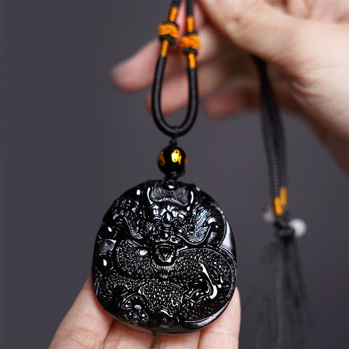 Buddha Stones Natural Black Obsidian Round Dragon Carved Protection Necklace Pendant - image 2