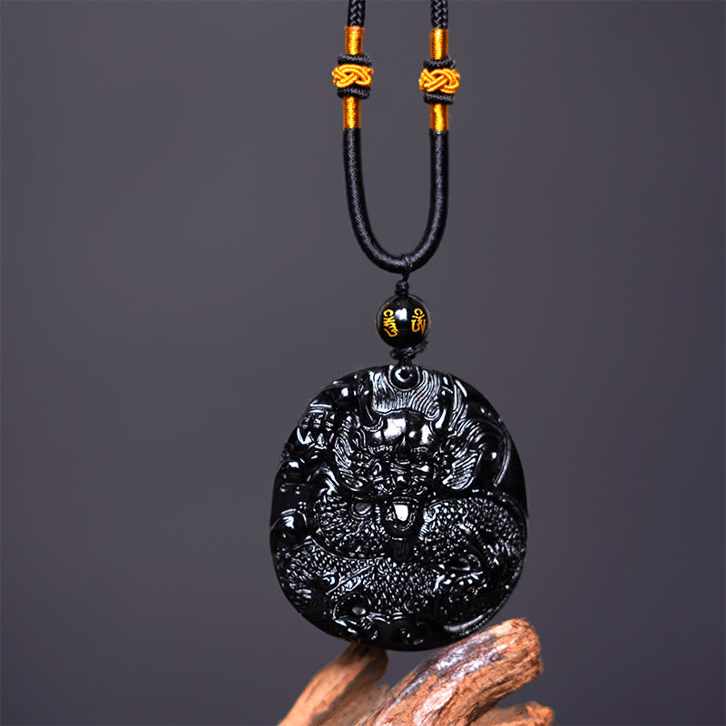 Buddha Stones Natural Black Obsidian Round Dragon Carved Protection Necklace Pendant - image 3
