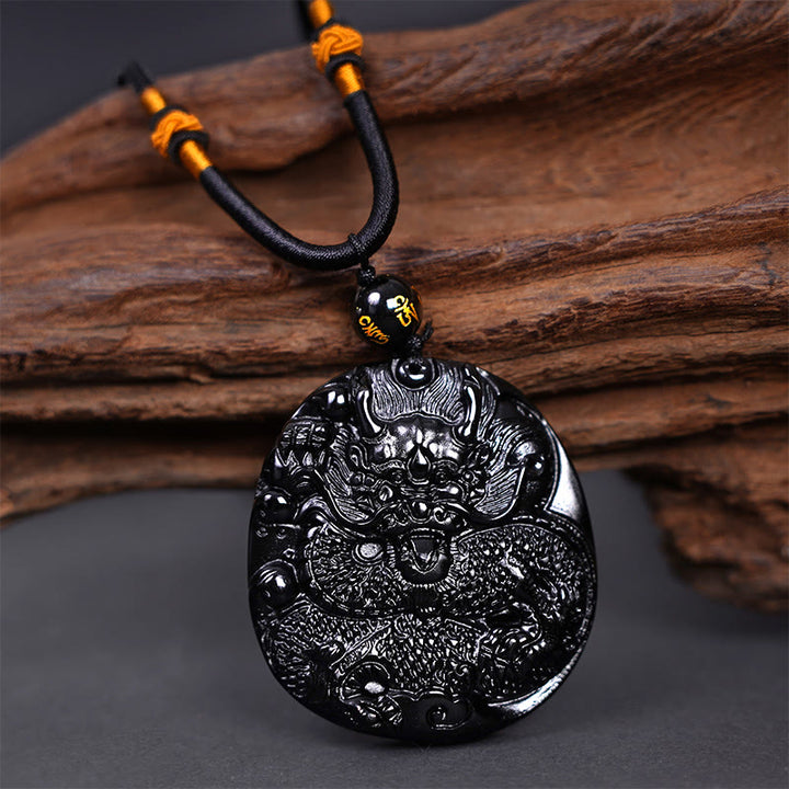 Buddha Stones Natural Black Obsidian Round Dragon Carved Protection Necklace Pendant - Dragon 45mm*48mm - image 0