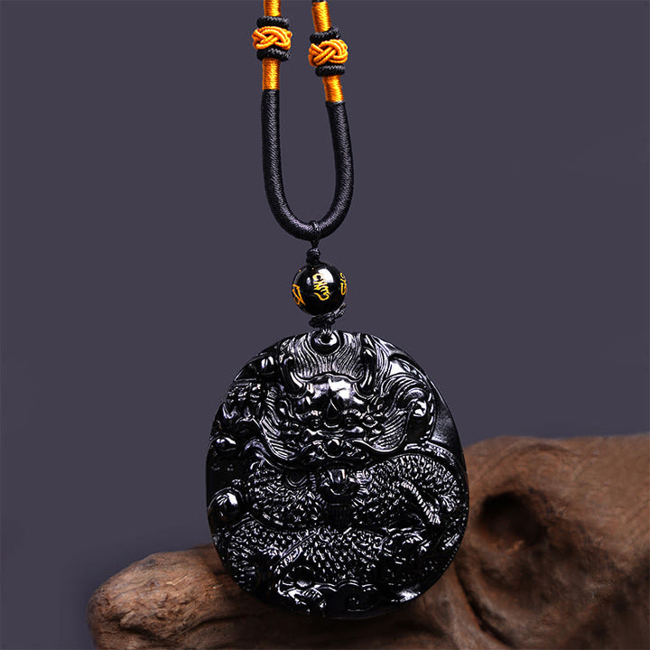 Buddha Stones Natural Black Obsidian Round Dragon Carved Protection Necklace Pendant - image 4