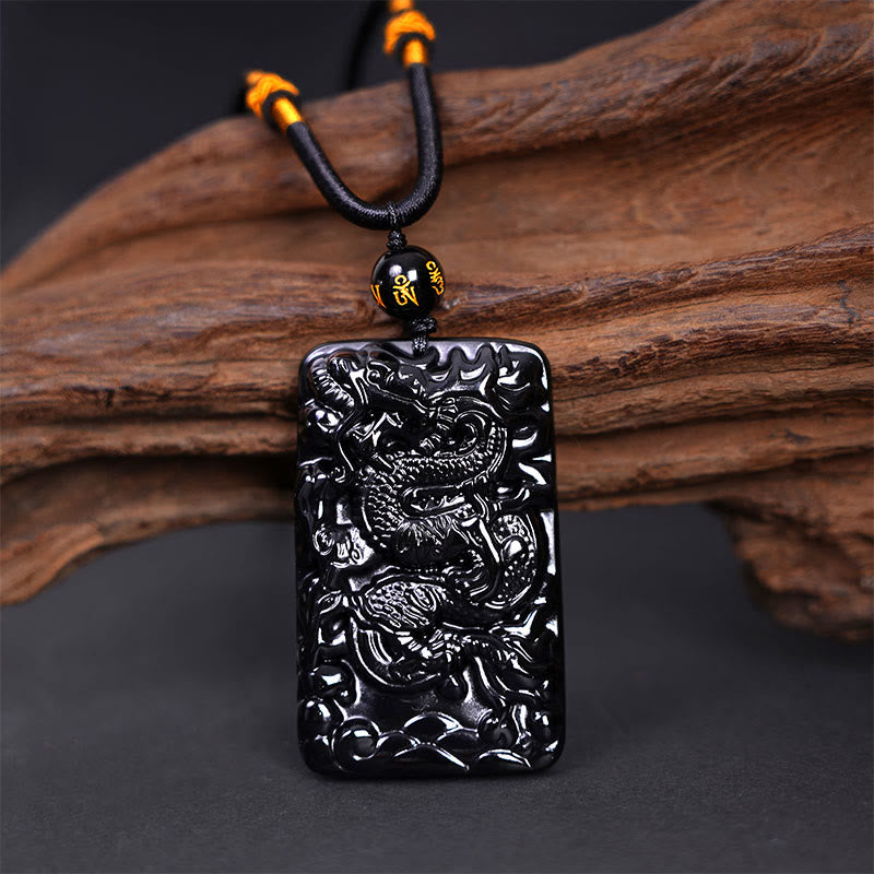Buddha Stones Natural Black Obsidian Rectangular Dragon Engraved Success Necklace Pendant - image 1