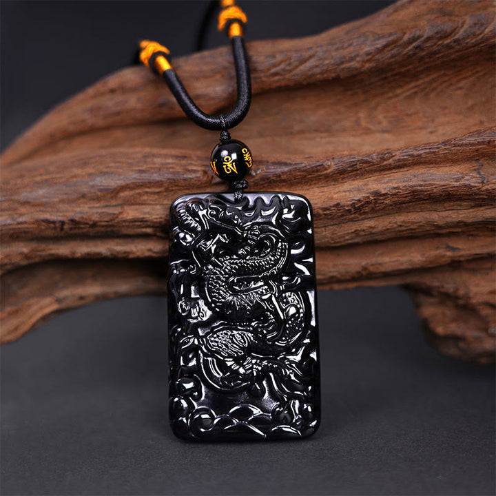 Buddha Stones Natural Black Obsidian Rectangular Dragon Engraved Success Necklace Pendant - image 1