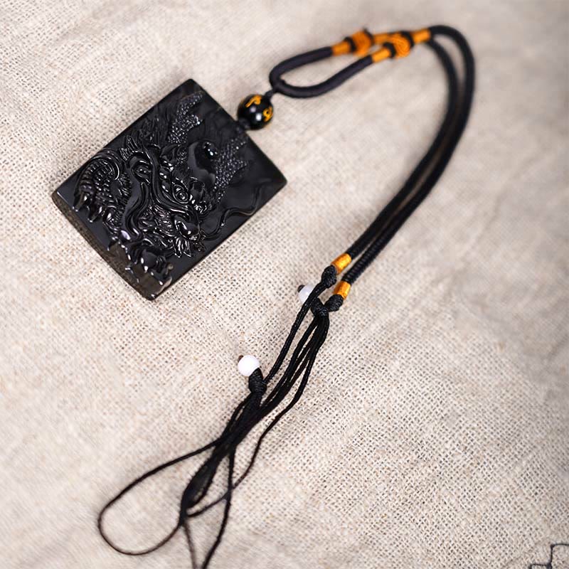 Buddha Stones Natural Black Obsidian Rectangular Dragon Engraved Success Necklace Pendant - image 12