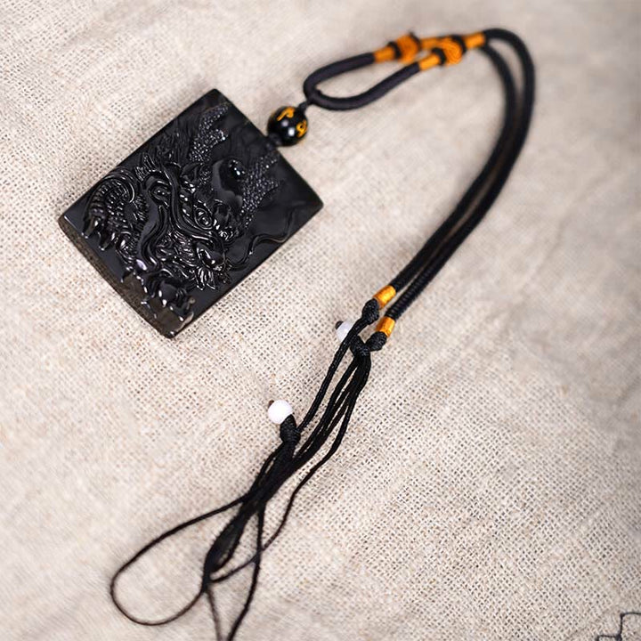 Buddha Stones Natural Black Obsidian Rectangular Dragon Engraved Success Necklace Pendant - image 12