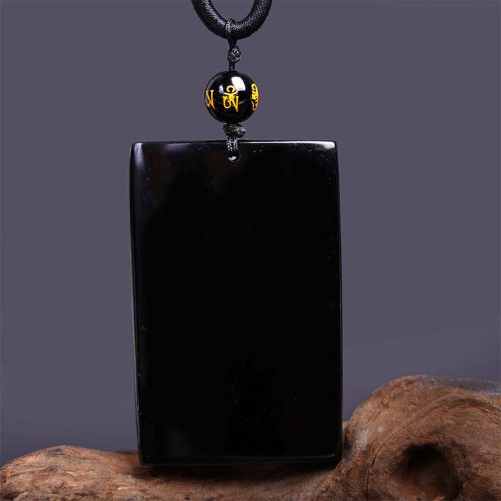 Buddha Stones Natural Black Obsidian Rectangular Dragon Engraved Success Necklace Pendant - image 14