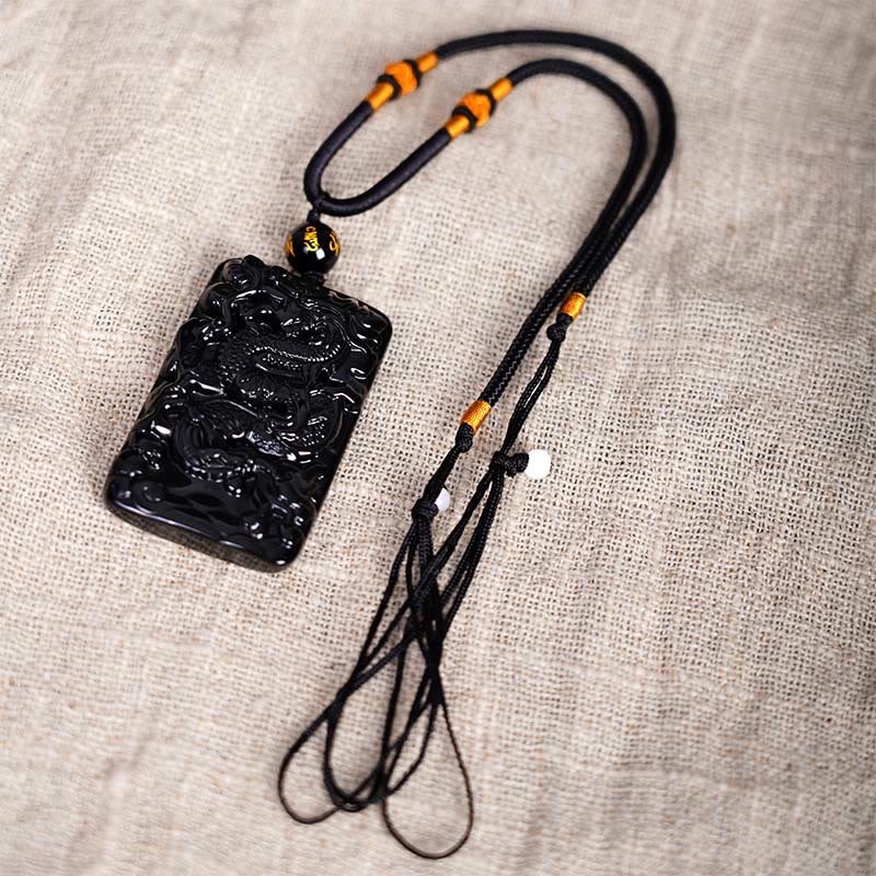 Buddha Stones Natural Black Obsidian Rectangular Dragon Engraved Success Necklace Pendant - image 5