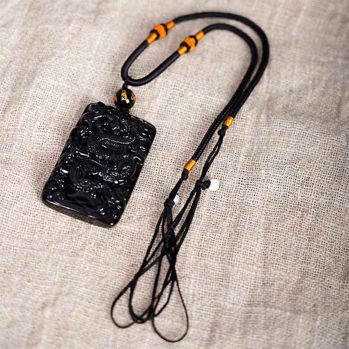 Buddha Stones Natural Black Obsidian Rectangular Dragon Engraved Success Necklace Pendant - image 5