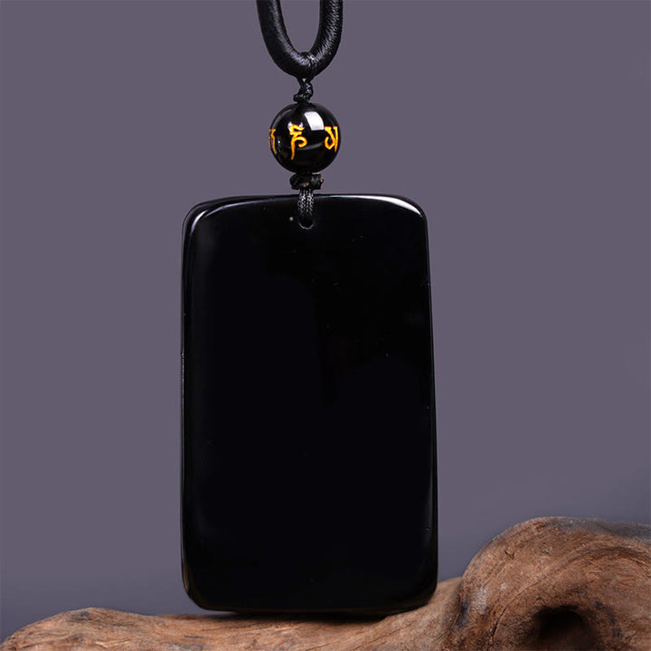 Buddha Stones Natural Black Obsidian Rectangular Dragon Engraved Success Necklace Pendant - image 4