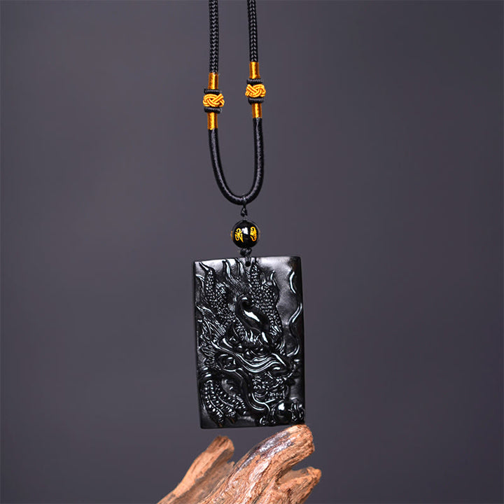 Buddha Stones Natural Black Obsidian Rectangular Dragon Engraved Success Necklace Pendant - image 9