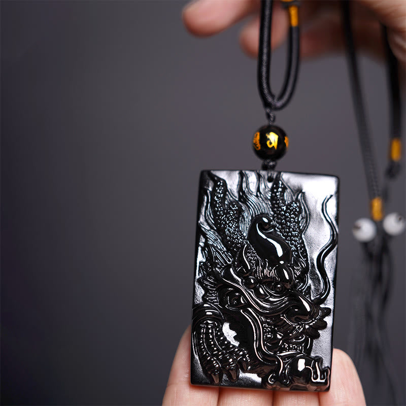 Buddha Stones Natural Black Obsidian Rectangular Dragon Engraved Success Necklace Pendant - Dragon 61mm*40mm - image 8
