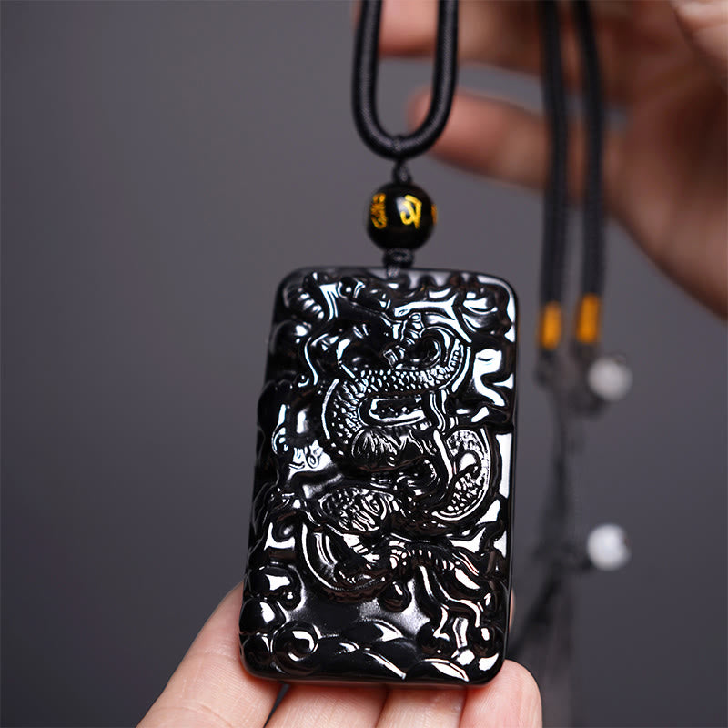 Buddha Stones Natural Black Obsidian Rectangular Dragon Engraved Success Necklace Pendant - Dragon 62mm*39mm - image 0