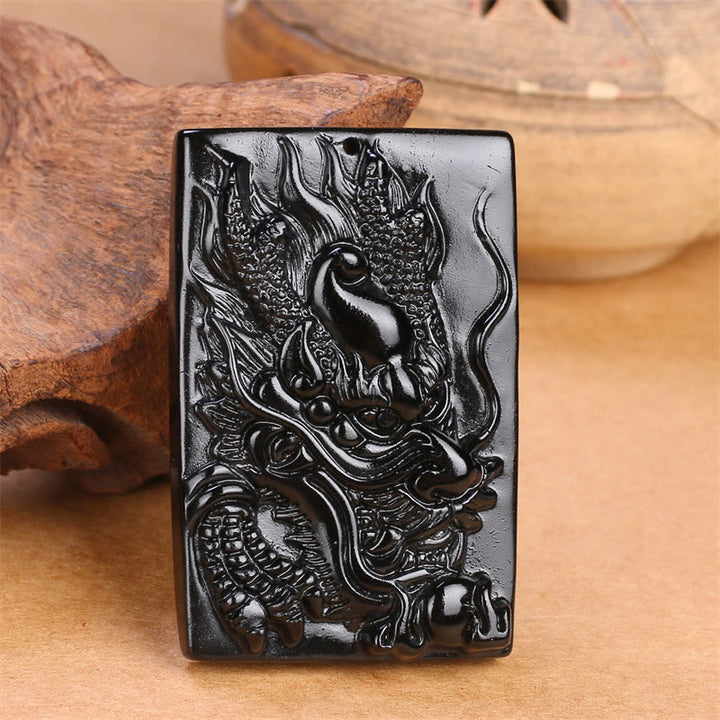Buddha Stones Natural Black Obsidian Rectangular Dragon Engraved Success Necklace Pendant - image 15