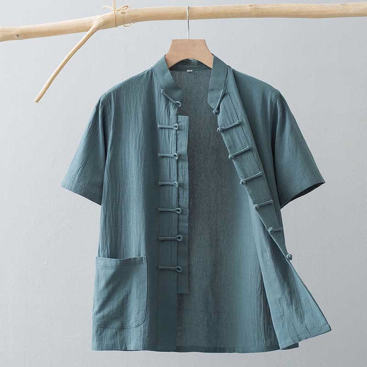 Buddha Stones Chinese Frog-Button Tang Suit Men's Short Sleeve Shirt Cotton Linen Clothing With Pockets - CadetBlue - US/UK/AU44，EU54 (4XL) - image 7
