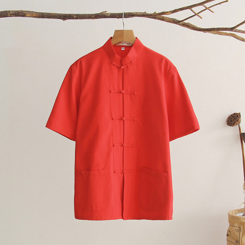Buddha Stones Chinese Frog-Button Tang Suit Men's Short Sleeve Cotton Shirt With Pockets - OrangeRed - US/UK/AU44，EU54 (4XL) - image 14