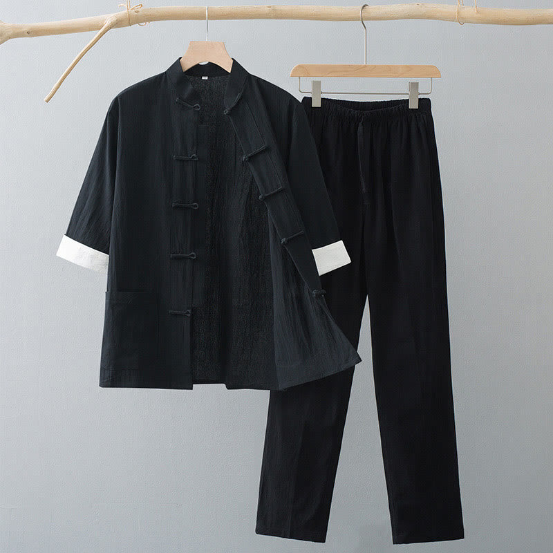 Buddha Stones Traditional Frog Tang Suit Cotton Half Sleeve Top Pants Clothing Men's Set - Black Top&Black Pants - US/UK/AU44，EU54 (4XL)  - image 8