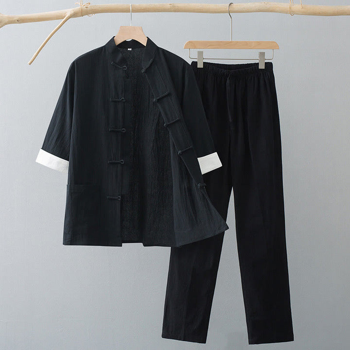 Buddha Stones Traditional Frog Tang Suit Cotton Half Sleeve Top Pants Clothing Men's Set - Black Top&Black Pants - US/UK/AU44，EU54 (4XL)  - image 8
