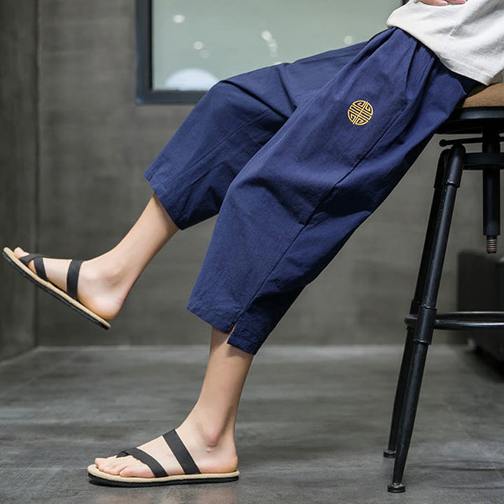 Buddha Stones Summer Men's Linen Drawstring Cropped Pants With Pockets - image 4